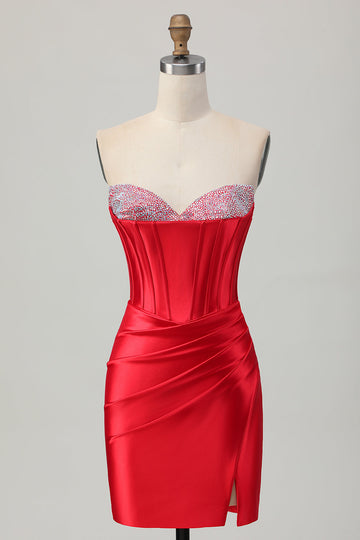 Red Strapless Beaded Corset Bodycon Homecoming Dress with Slit